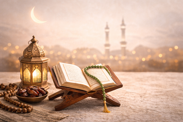 Ramazan ayında okunacak günlük duaları temsil eden Kur’an ve tesbih ile hazırlanmış manevi bir görüntü.