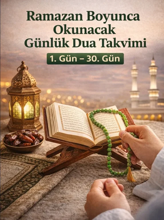 Kur’an-ı Kerim, tesbih ve Ramazan atmosferini yansıtan sade dua görseli.